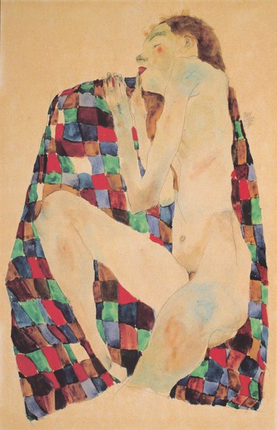 Nu féminin sur tissu à carreaux - Egon Schiele